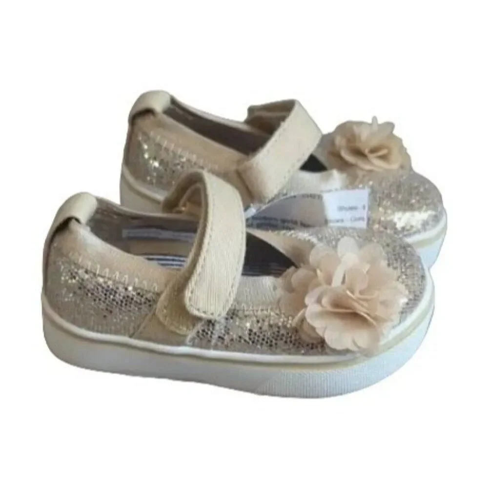 Toddler Girl's Golden Glitter Mary Jane Shoes With Flower Strap‎ Size 3